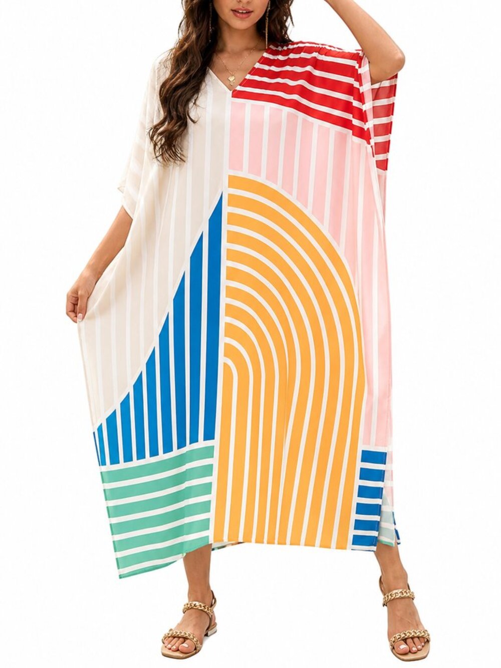 Multicolor Digital Printed Plus Size Caftan Dress Stylish Maxi for Kimono Sleeve